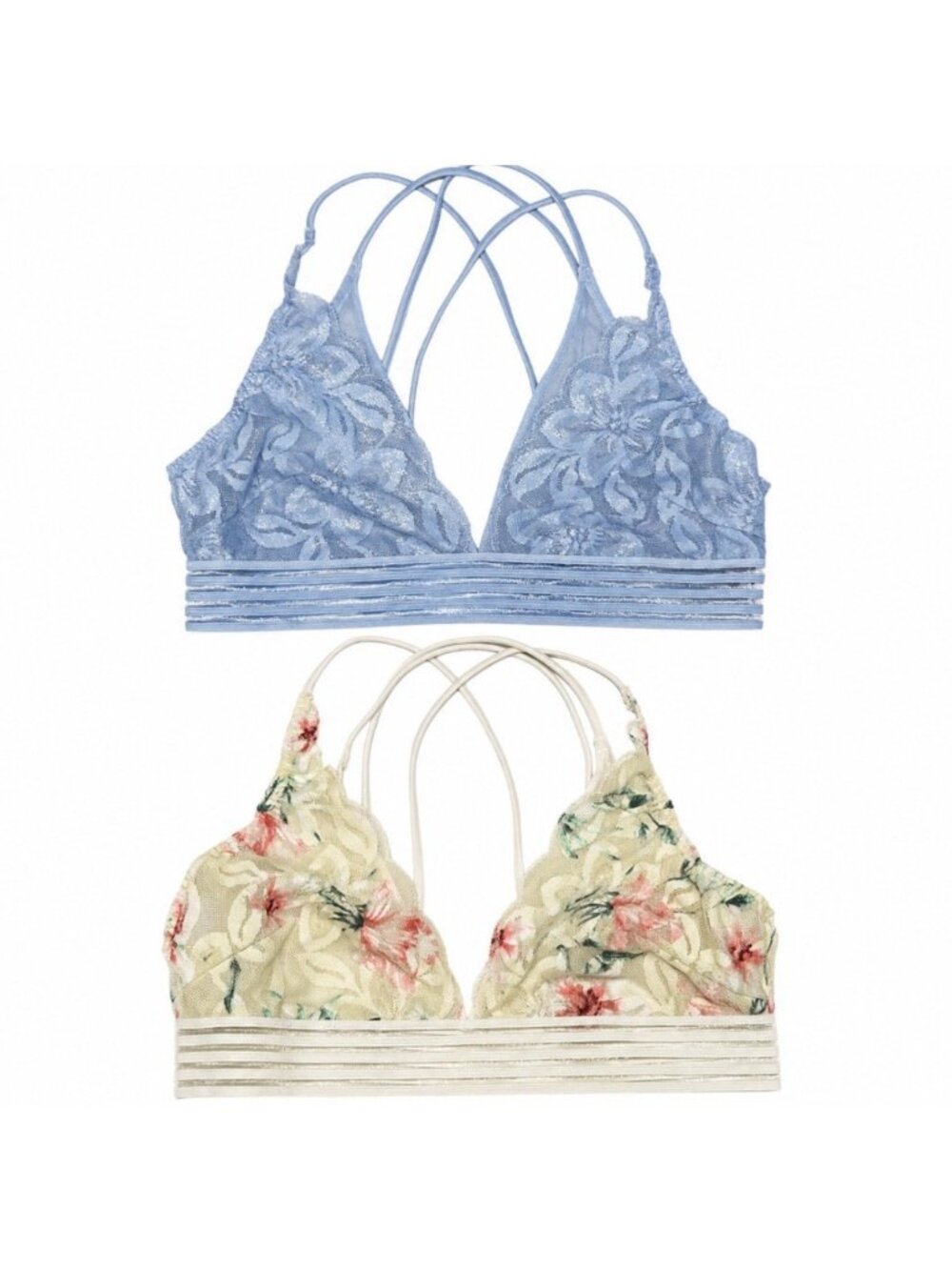 Victoria’s Secret PINK Bralettes Medium Unlined Floral Blue Lace Lot Of 2 Bras